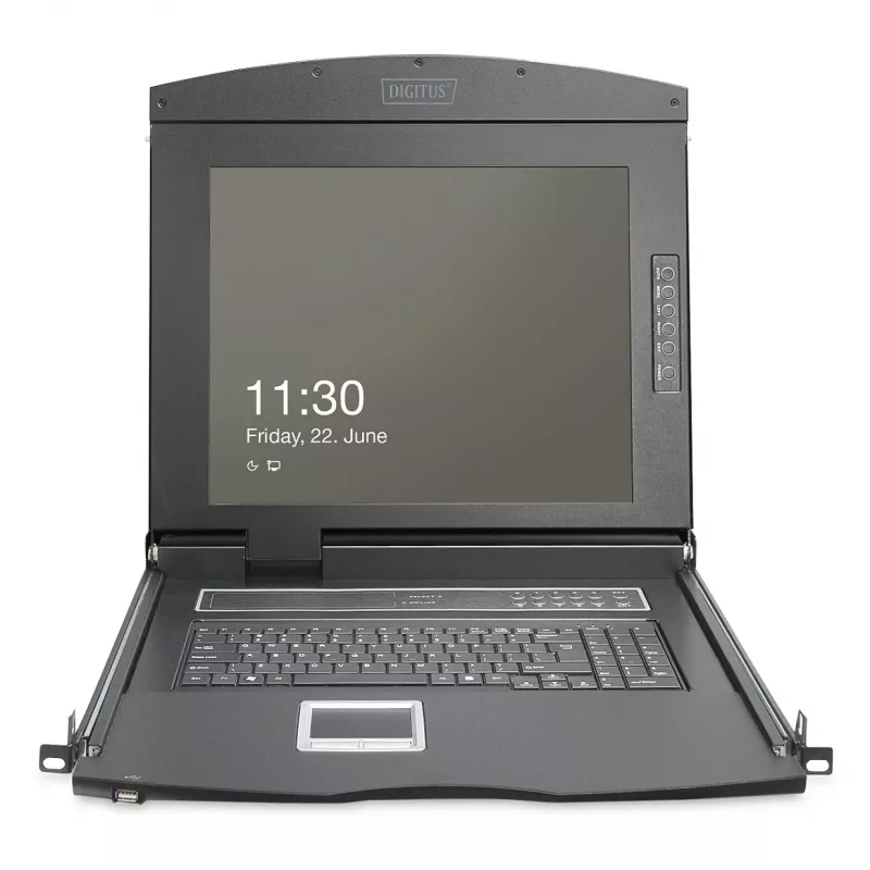 DIGITUS Modular 19 colių HD LCD KVM konsolė su 8 prievadų HDMI KVM jungikliu, jutikliniu kilimėliu, vokiška klaviatūros išdėstymu