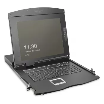 DIGITUS Modular 19 colių HD LCD KVM konsolė su 8 prievadų HDMI KVM jungikliu, jutikliniu kilimėliu, vokiška klaviatūros išdėstymu