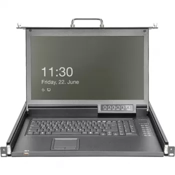 DIGITUS modulinė HD LCD KVM konsolė su 17 inch TFT ekranu, 16 prievadų CAT 5 KVM jungtimi, jutiklių kilimėliu, vokiška klaviatūra