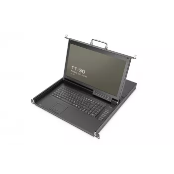 DIGITUS modulinė HD LCD KVM konsolė su 17 inch TFT ekranu, 16 prievadų CAT 5 KVM jungtimi, jutiklių kilimėliu, vokiška klaviatūra