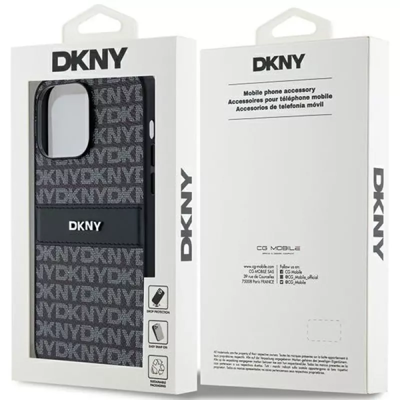 DKNY Leather Mono Stripe & Metal Logo dėklas, skirtas Apple iPhone 14 Pro - juodas