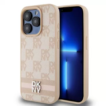 DKNY PU odos languoto rašto ir juostelių dėklas, skirtas iPhone 13 Pro, rožinis