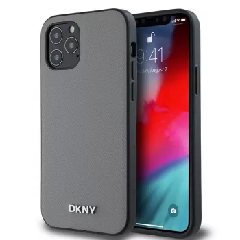 DKNY PU odos MagSafe dėklas, skirtas iPhone 12/12 Pro, su sidabriniu metalo logotipu – pilkas