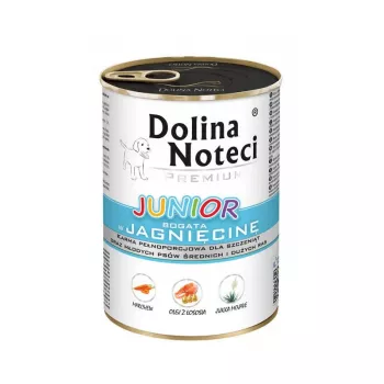 Dolina Noteci Premium Junior Rich in Lamb šlapias šunų ėdalas vidutinių ir didelių veislių šuniukams, 400 g skardinė