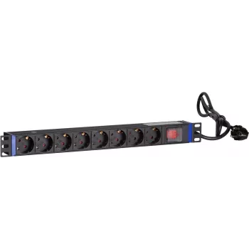 DSIT DS-8PDU-S 19 colių stovo PDU su jungikliu, 8x Schuko lizdai, 2m kabelis, 16A/3680W – juoda/sidabrinė