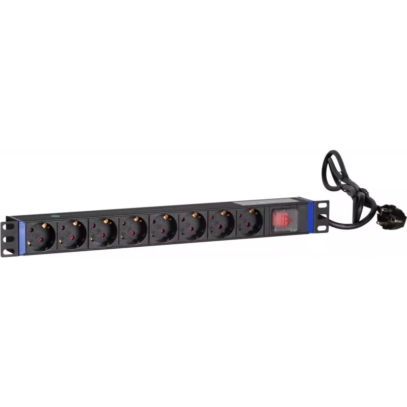 DSIT DS-8PDU-S 19 colių stovo PDU su jungikliu, 8x Schuko lizdai, 2m kabelis, 16A/3680W – juoda/sidabrinė