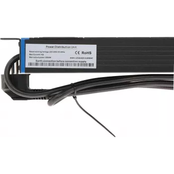 DSIT DS-8PDU-S 19 colių stovo PDU su jungikliu, 8x Schuko lizdai, 2m kabelis, 16A/3680W – juoda/sidabrinė