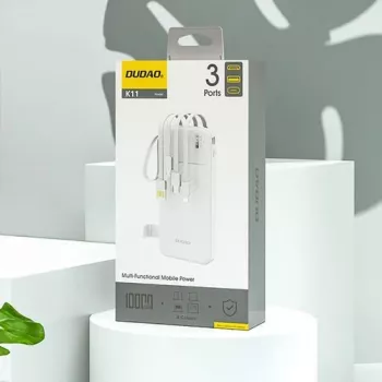 Dudao K11 10000mAh Powerbank su integruotais laidais balta