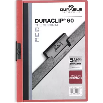 DURABLE DURACLIP 60 A4 dokumentų segtuvas su spaustuku, juodas, permatomu viršeliu, 60 lapų talpa, neslystantis spyruoklinis spaustukas, 25 vnt. paketas 220903