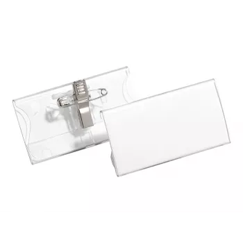 DURABLE vardinių kortelių laikiklis 40x75 mm su kombinuotu segtuku, akrilas, permatomas, 25 vnt. pakelyje (812119)