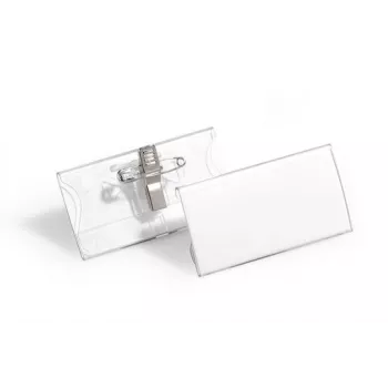 DURABLE vardinių kortelių laikiklis 40x75 mm su kombinuotu segtuku, akrilas, permatomas, 25 vnt. pakelyje (812119)