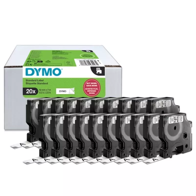 DYMO D1 etiketinė juosta 9 mm x 7 m, juoda ant baltos (10 vnt. pakuotė)