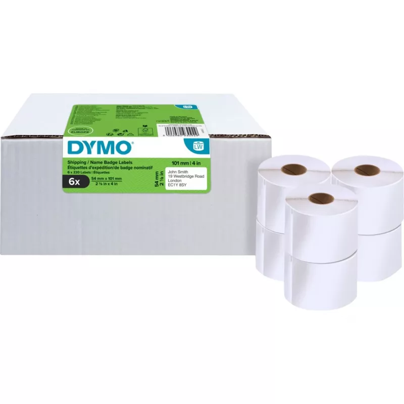 DYMO LabelWriter siuntimo ir vardo ženklelių etiketės, 54 x 101 mm, baltos, nuolatinis klijavimas, 220 etikečių rulone