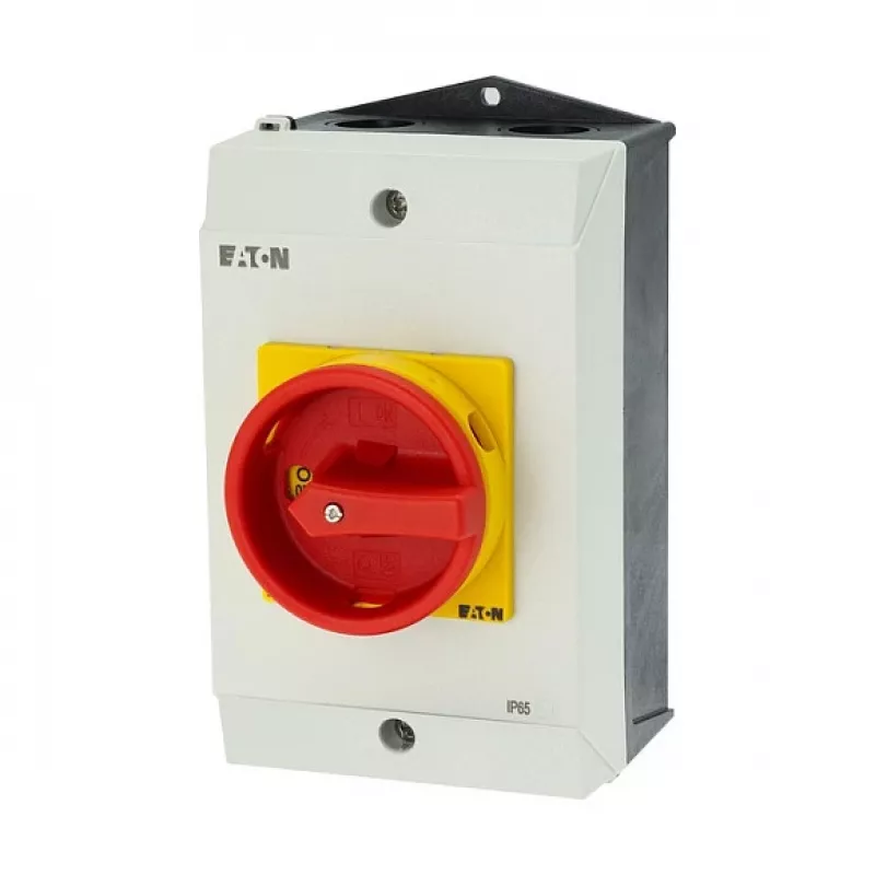 Eaton P1-25/I2/SVB/HI11 25A 3 polių pagrindinis jungiklis su avariniu stabdymu, paviršiniam montavimui, IP65, raudonas/geltonas