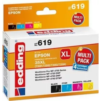 Edding EDD-619 suderinamų didelės talpos rašalo kasečių rinkinys – juoda, žydra, purpurinė, geltona (4 vnt., atitinka Epson 603XL) 18-619