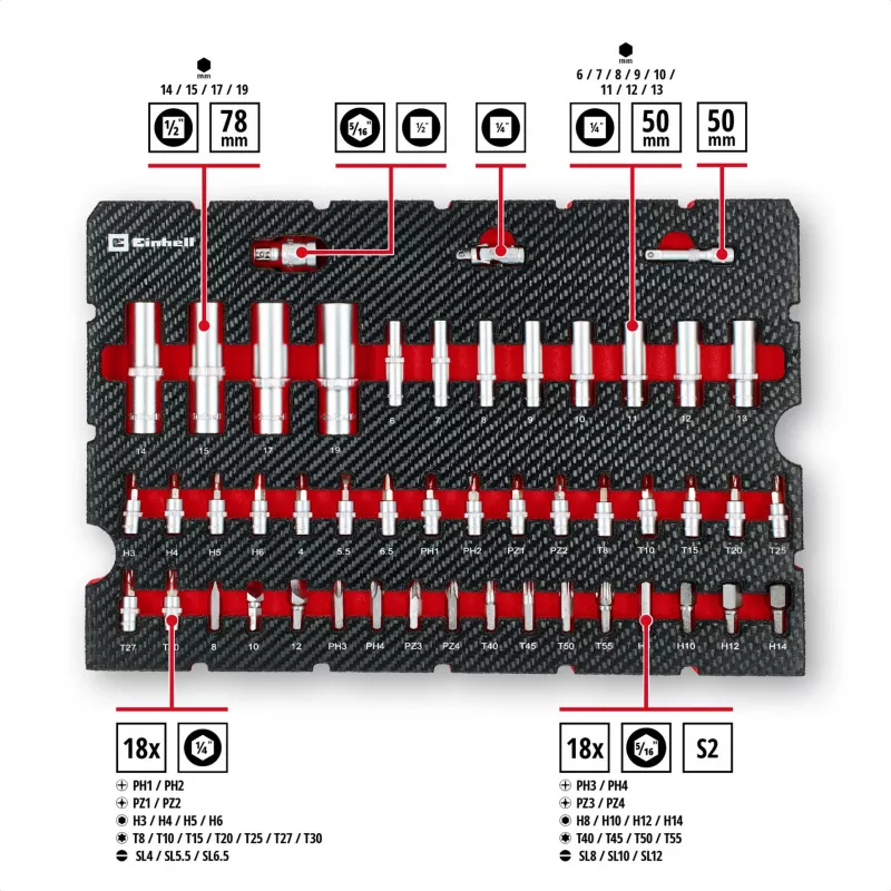 Einhell E-Case 92 dalių dirbtuvės įrankių rinkinys (370514) - Chromo Vanadžio plienas, juoda/raudona | Kur.lt