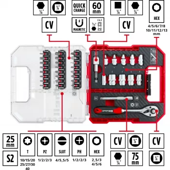 EINHELL-KWB Lizdų ir antgalių rinkinys 1/4 colio, 37 dalių L-CASE dėkle