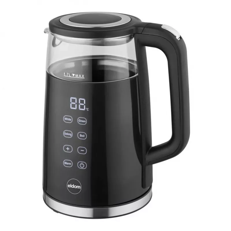 ELDOM C560 Nuvia belaidis virdulys su temperatūros valdymu, 1,7 l, 2200 W, LED ekranas, nerūdijantis plienas/juoda