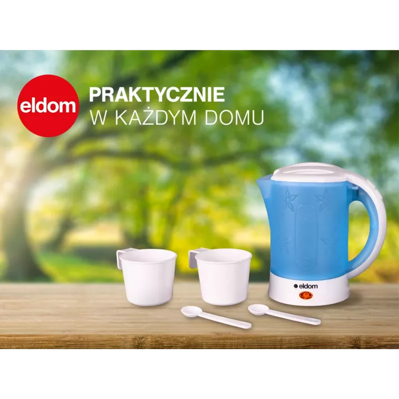 ELDOM elektrinis turistinis virdulys C190 Lino 0.6L 550W mėlynas su 2 puodeliais ir 2 šaukštais
