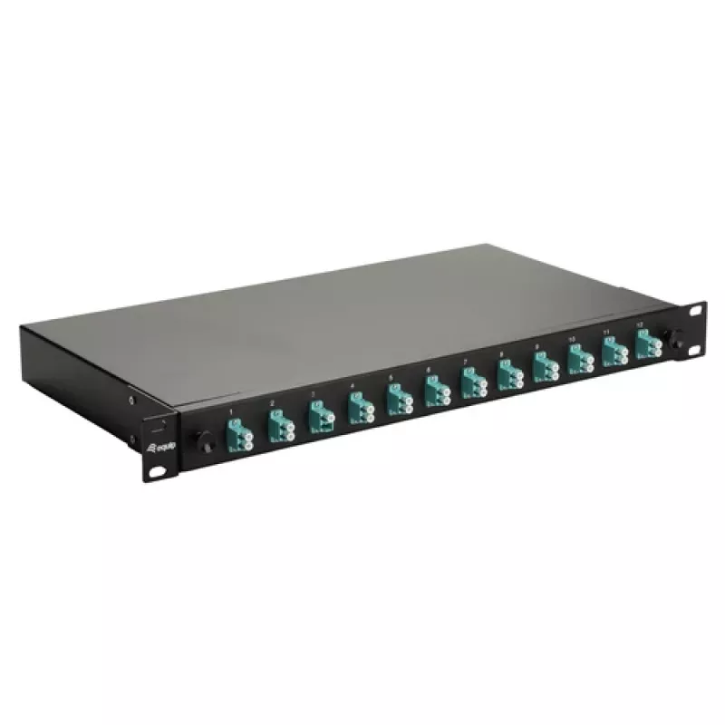 Equip 12 prievadų optinio pluošto sujungimo dėžė, LC Duplex, OM3, 1U, su įranga, juoda
