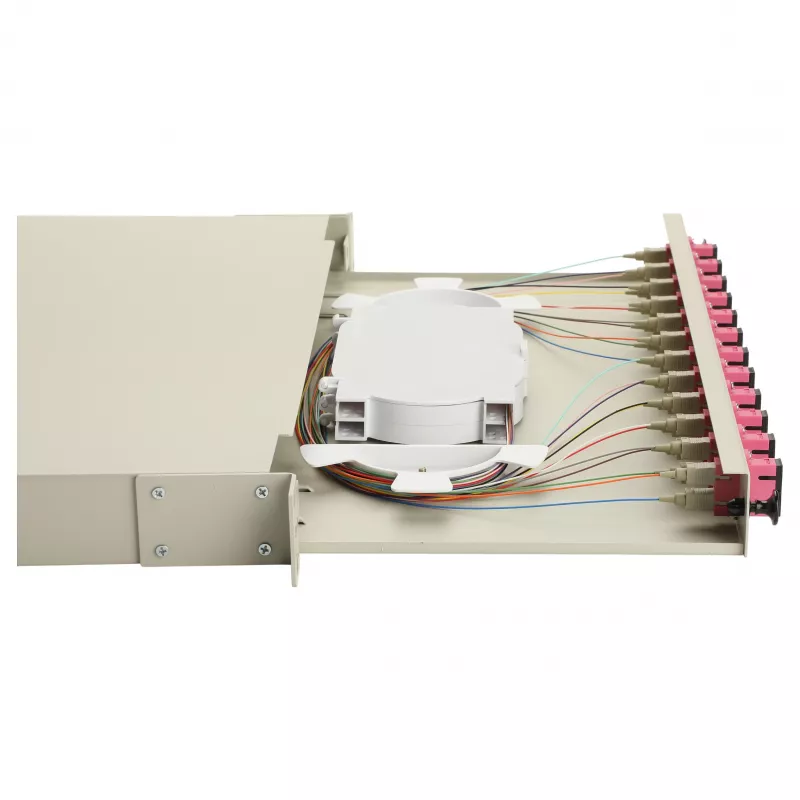 Equip 12-Port SC Duplex OM4 optinio pluošto sujungimo dėžė, 1U, pilnai įrengta, pilka