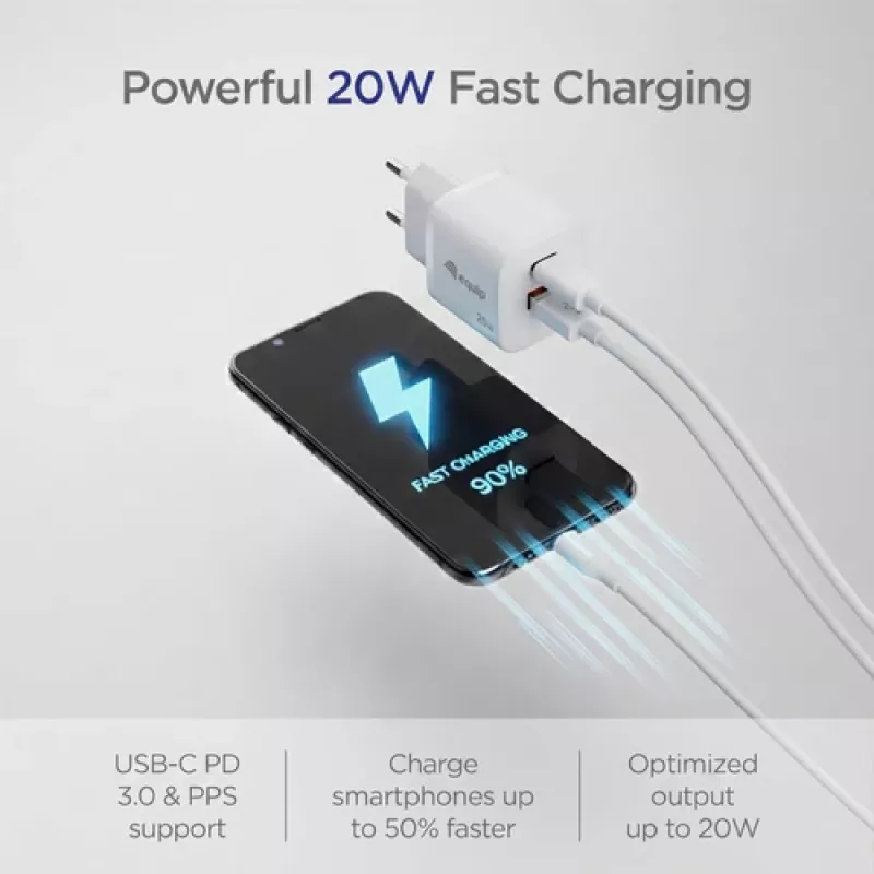Equip 2-Port USB-C PD3.0/USB-A GaN Wall Charger 20W White