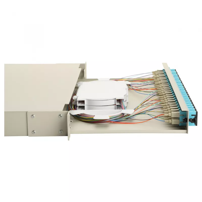 Equip 24 prievadų optinio pluošto sujungimo dėžė, SC Duplex, OM3, 1U, pilnai komplektuota, pilka
