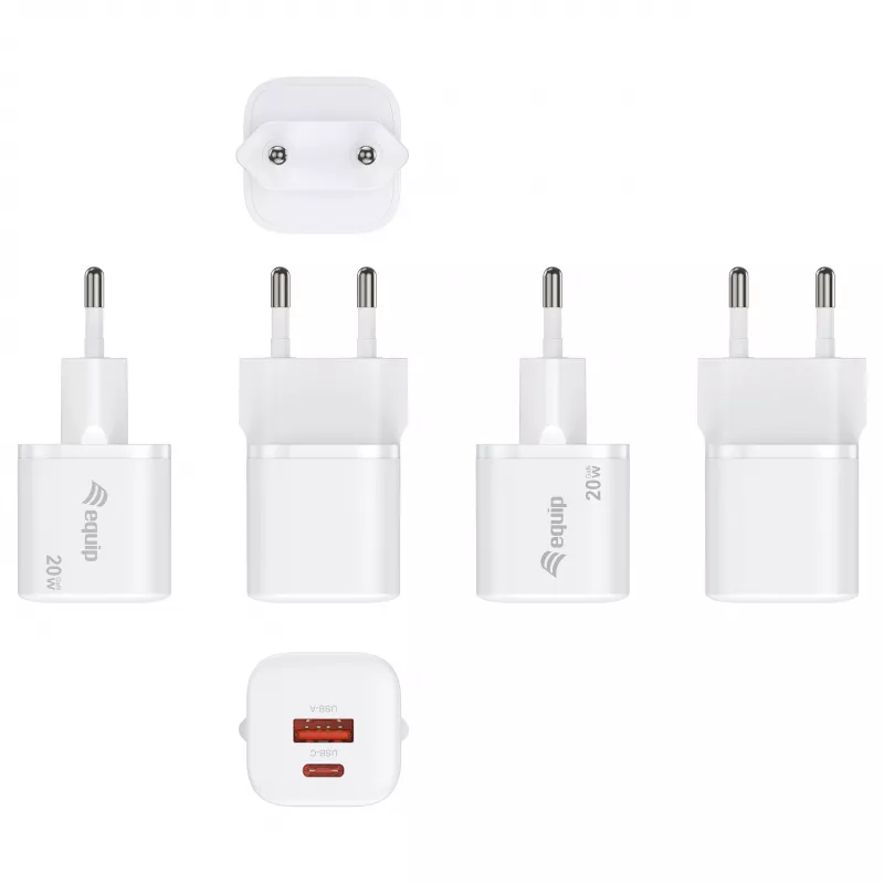 Equip 245526 2 prievadų USB-C PD3.0 / USB-A GaN 20W sieninis įkroviklis, baltas