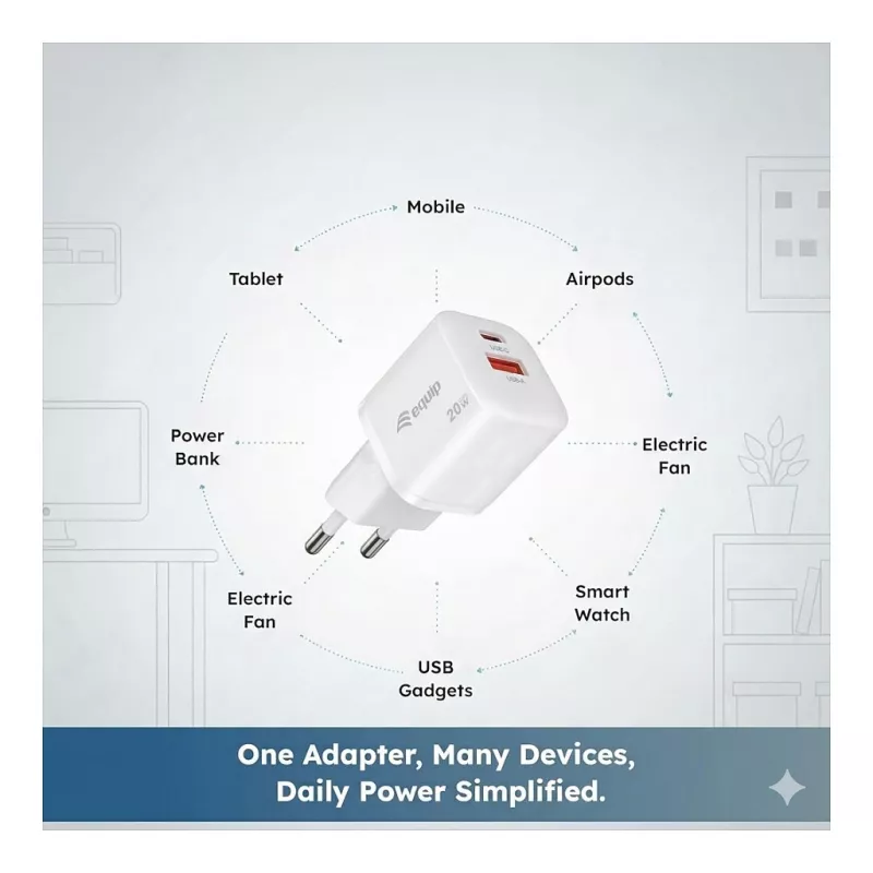 Equip 245526 2 prievadų USB-C PD3.0 / USB-A GaN 20W sieninis įkroviklis, baltas