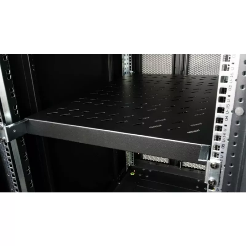 Equip EZVS-19-1-10-B 19 colių 1U fiksuota stelažo lentyna, 1000 mm gylio, juoda – patvari plieninė, 100 kg talpa