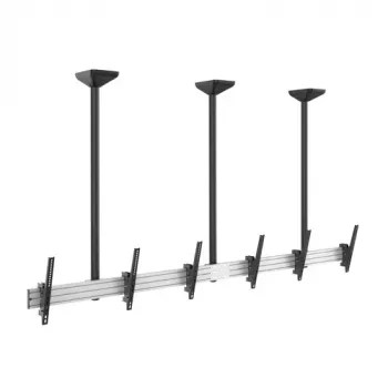 EQUIP Pro trijų monitorių lubinis laikiklis 45-50 colių ekranams, visiškai judančios lankstomos rankos, VESA 75/100, 8 kg vienam ekranui, juodas/sidabrinis