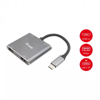 EQUIP USB-C 4-in-1 dvigubas HDMI adapteris su 100W PD, 4K MST, aliuminis