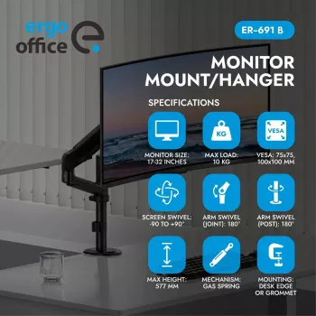 Ergo Office ER-691 B Dujų spyruoklės monitoriaus laikiklis 17–32 inch ekranams, 1–10 kg, matinė juoda, VESA 75/100