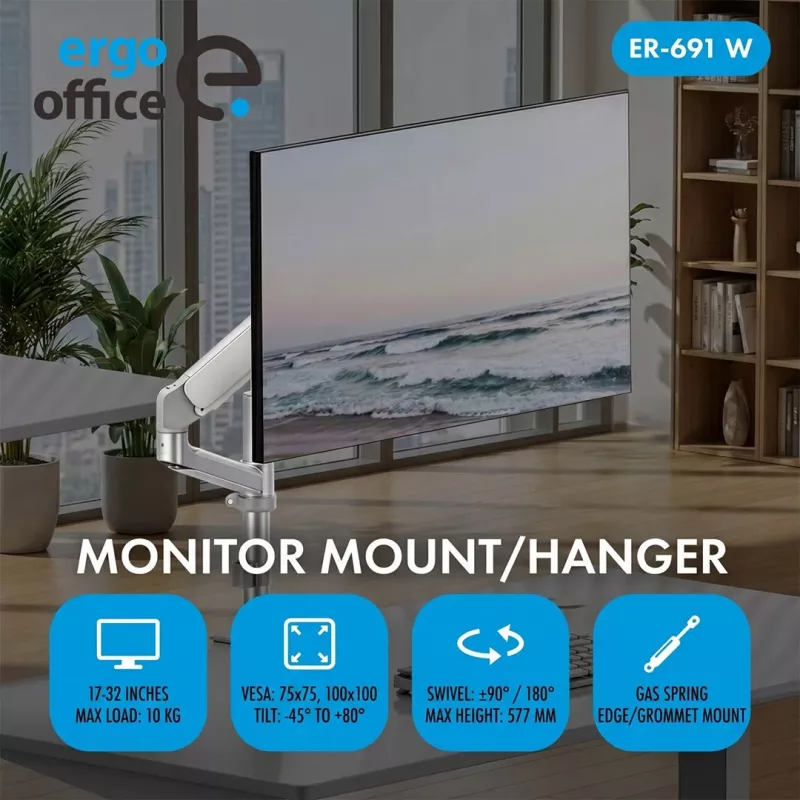 ERGO OFFICE ER-691 W dujinis monitoriaus laikiklis 17–32 inch monitoriams iki 10 kg, matinė balta