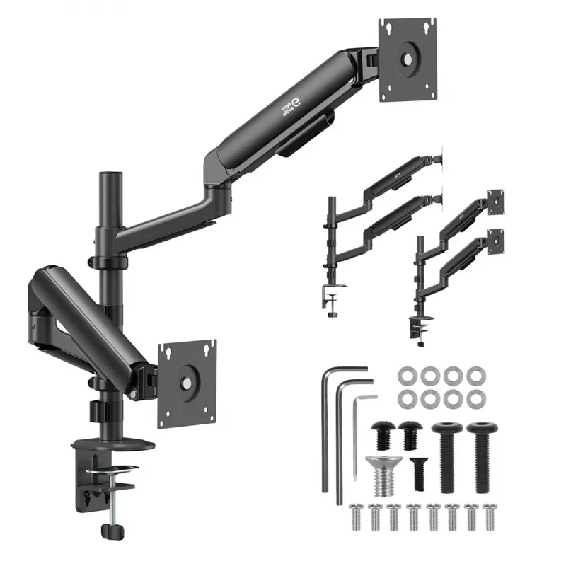 ERGO OFFICE ER-692 B Dvigubo monitoriaus laikiklis ant stalo, dujinis spyruoklinis mechanizmas, tinka 17–32 inch, 1–10 kg vienai rankai, matinė juoda