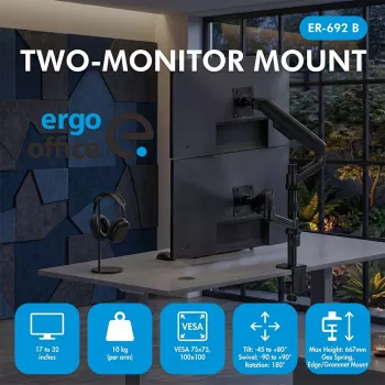 ERGO OFFICE ER-692 B Dvigubo monitoriaus laikiklis ant stalo, dujinis spyruoklinis mechanizmas, tinka 17–32 inch, 1–10 kg vienai rankai, matinė juoda