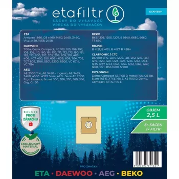 ETA dulkių maišeliai, skirti ETA, Daewoo, AEG ir Beko dulkių siurbliams - 5 vnt. pakuotė (ruda) | ETA1458P