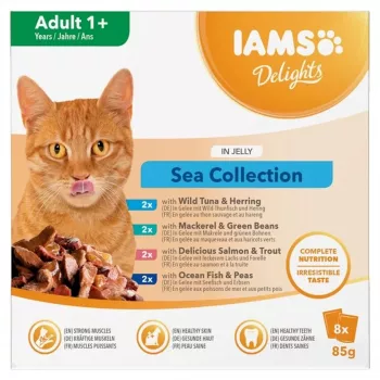 Eukanuba IAMS Delights Adult Sea in Jelly šlapias kačių maistas – 8x85g paketėliai