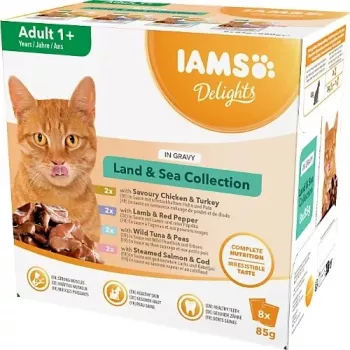 EUKANUBA IAMS DELIGHTS Land & Sea Collection in Gravy – šlapias kačių maistas – 8x85g