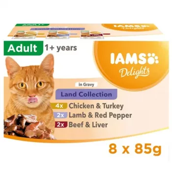 EUKANUBA IAMS Delights Land Collection in Gravy šlapias kačių maistas, 8 x 85 g pakeliai (vištiena, jautiena, ėriena)