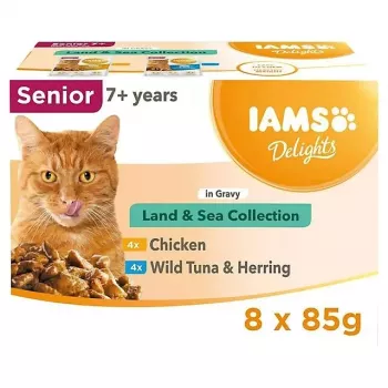 EUKANUBA IAMS Delights Senior Land & Sea Collection in Gravy – šlapias kačių maistas – 8 x 85 g