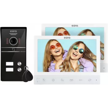 EURA VDP-80C5 dviejų šeimų vaizdo domofono sistema, balta, 2x 7 inch LCD, FHD, 1080p kamera, RFID skaitytuvas, montuojama ant paviršiaus
