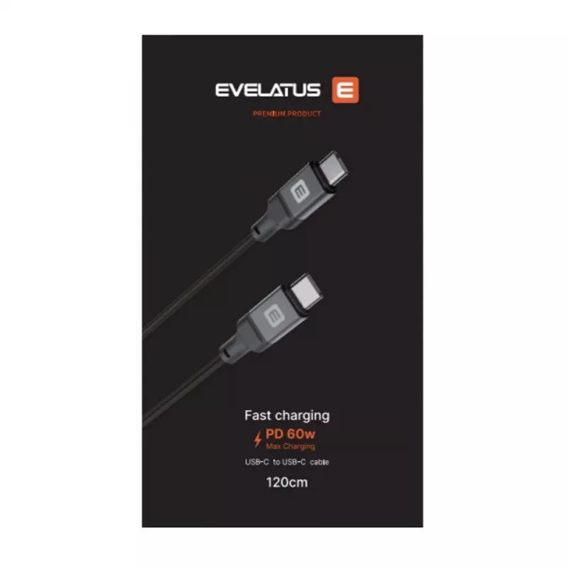 Evelatus Coiled USB-C į USB-C laidas 1,2 m 60W PD pintas juodas