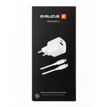 Evelatus FusionCharge sieninis įkroviklio rinkinys 20W maitinimo adapteris su 60W USB-C į Lightning silikoniniu kabeliu, baltas
