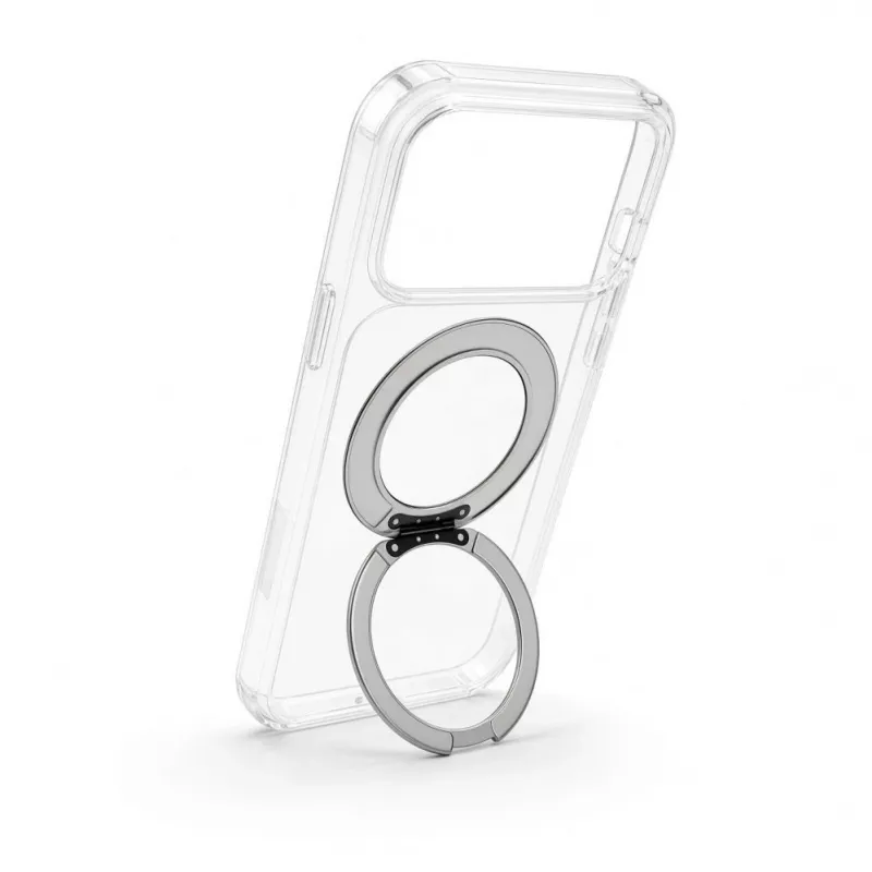 Evelatus Hybrid dėklas su MagSafe ir 360° metaliniu stoveliu, skirtas iPhone 17 Pro Max, permatomas