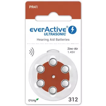 everActive ULTRASONIC 312 klausos aparatų baterijos (PR41, cinko-oro, 1.45V, 170mAh, be gyvsidabrio, 6 vnt. lizdinė pakuotė)