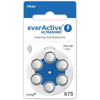 everActive ULTRASONIC 675 cinko-oro klausos aparatų baterijos PR44 (6 vnt. lizdinė pakuotė)