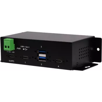 EXSYS EX-1274HMV 4 prievadų USB 3.2 Gen 2 pramoninis šakotuvas su 2x USB-A ir 2x USB-C, metalinis, DIN-bėgio/sieninis/stelažo tvirtinimas