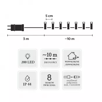 Extralink LED girlianda 200 LED šaltai baltos šviesos 10 m + 3 m IP44 vidaus ir lauko naudojimui