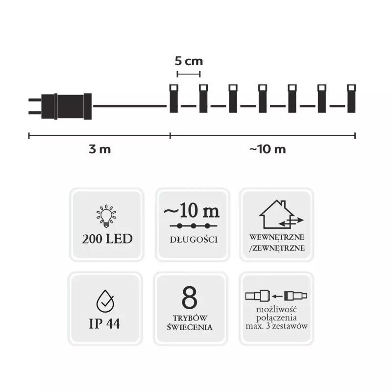 Extralink LED girlianda 200 LED šaltai baltos šviesos 10 m + 3 m IP44 vidaus ir lauko naudojimui